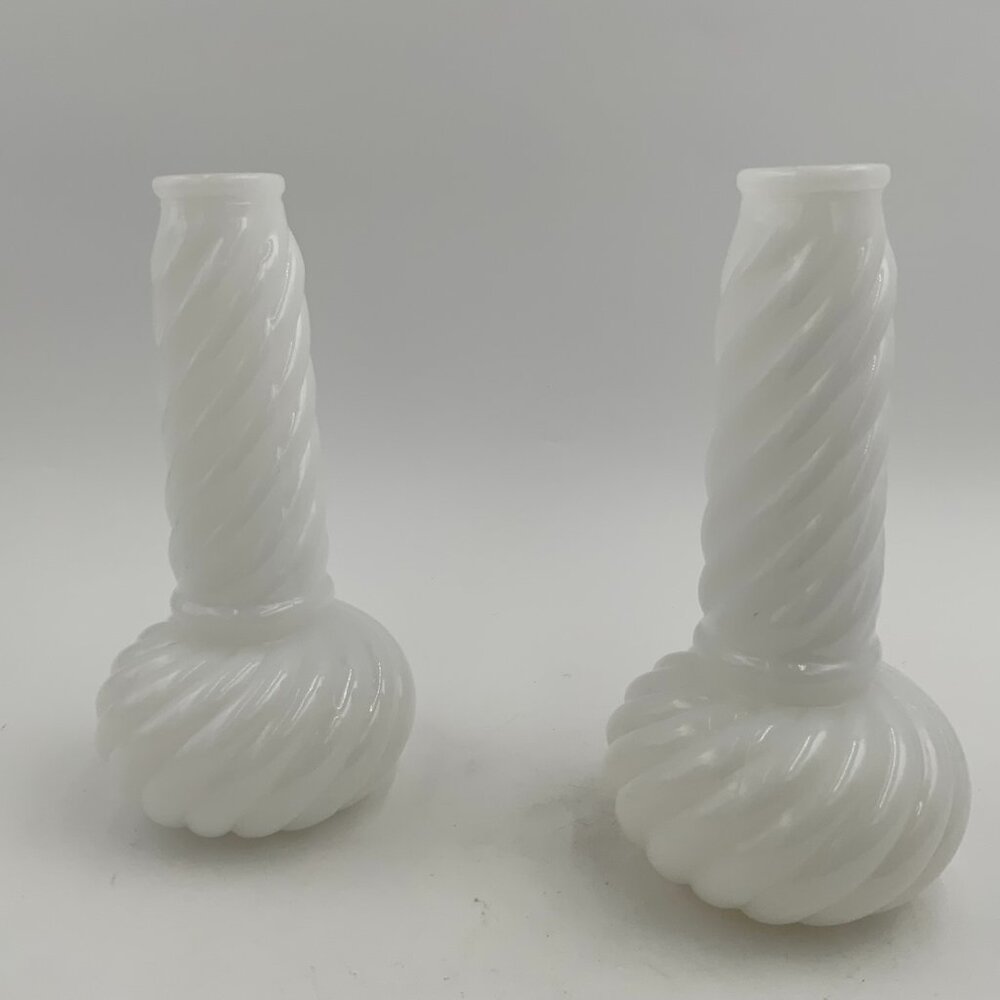 Pair of Rare Vintage Milk Glass Spiral Flower Bud Vases Bulbous Twisted 7"